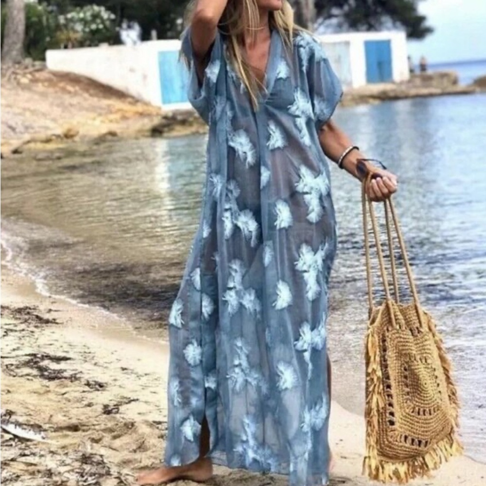 Zara Light Blue Sheer Embroidered Caftan/Beach Cover-Up